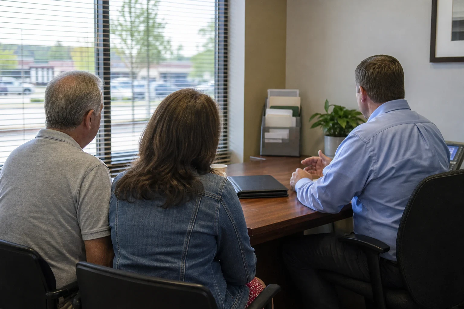 Agent in a light blue shirt talks with a couple across a wooden desk with a closed folder, beside a window with blinds overlooking a parking lot