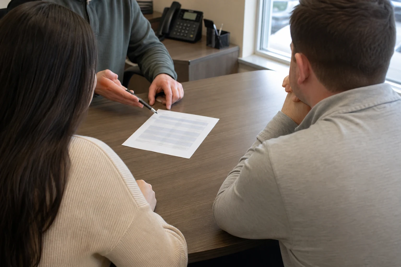 Agent points a pen at a printed comparison sheet on a wooden desk while a young couple, seen from behind, listens beside a sunny office window