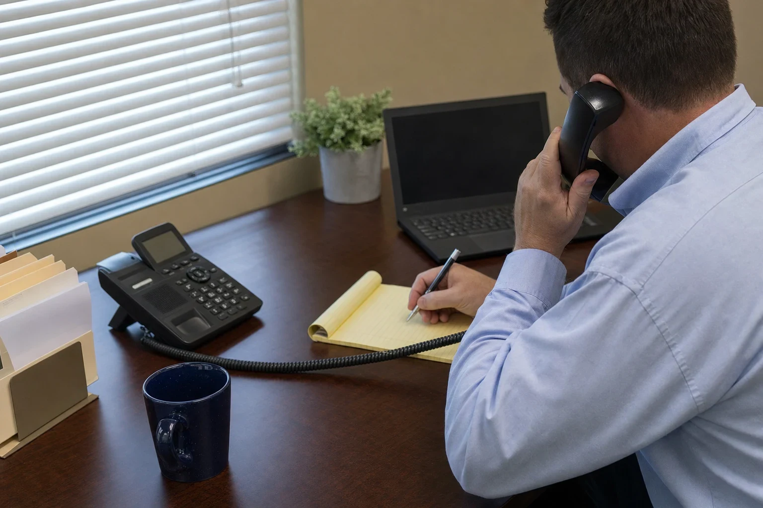Agent in a light blue button-down talks on a desk phone and writes on a yellow legal pad at a wooden desk with a laptop, mug, file sorter and window blinds