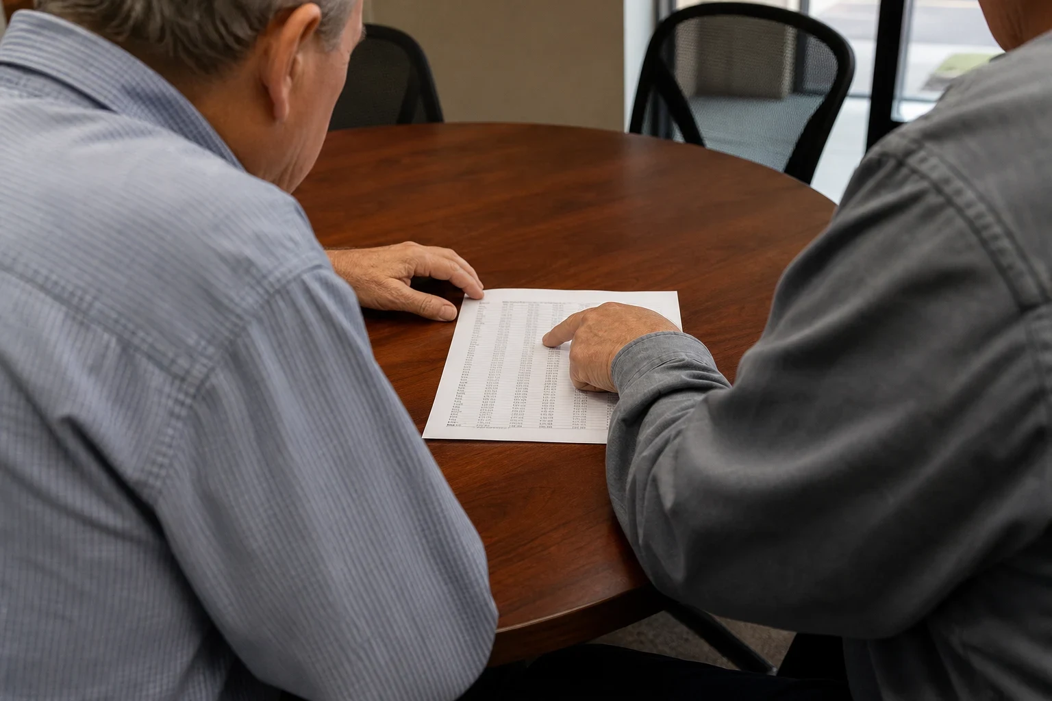 Two men seated at a round wooden conference table near a storefront window, one pointing to figures on a printed table of numbers
