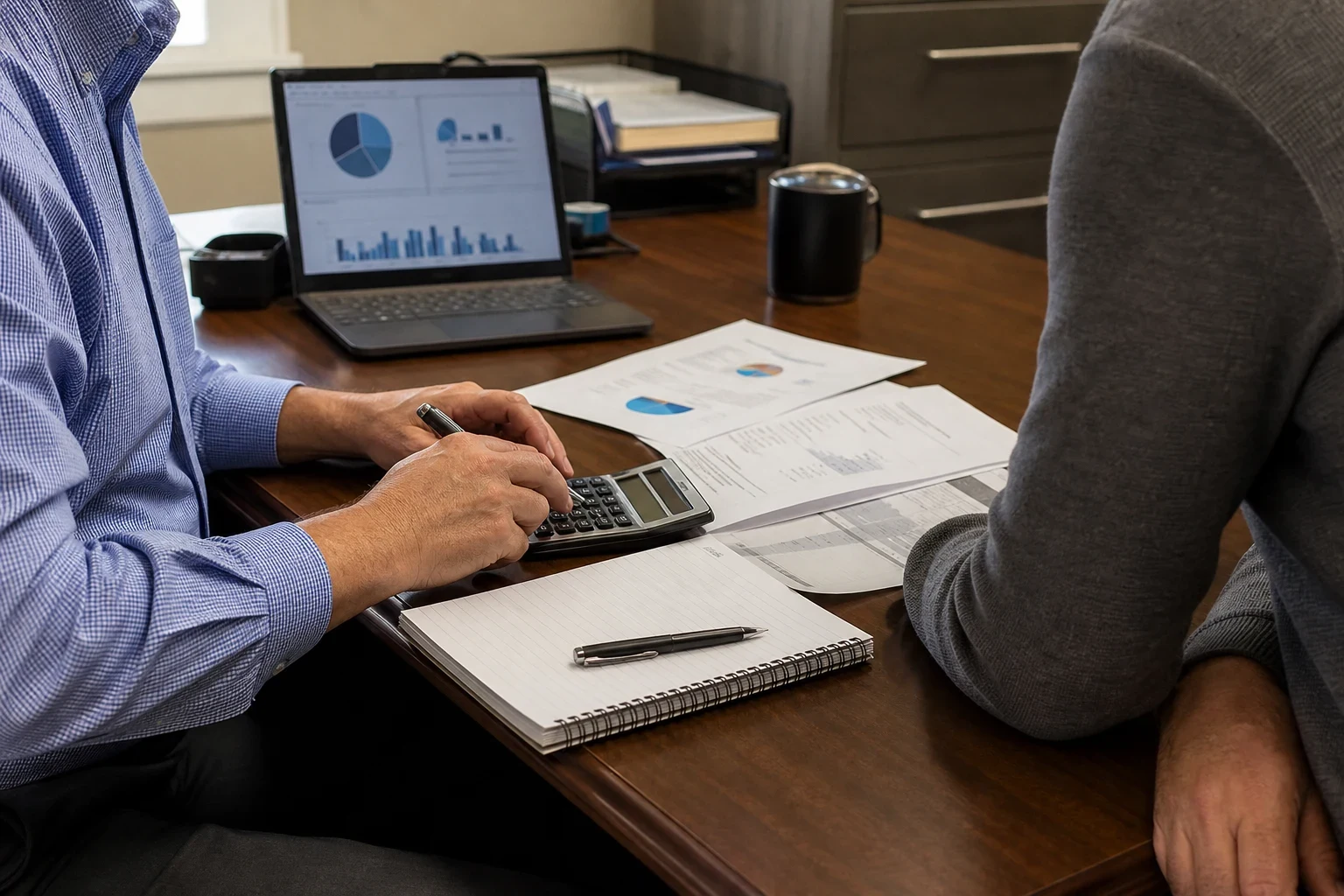 Two men at a wooden office desk reviewing printed statements, one using a calculator with a pen, beside a notepad, laptop showing charts and a coffee mug