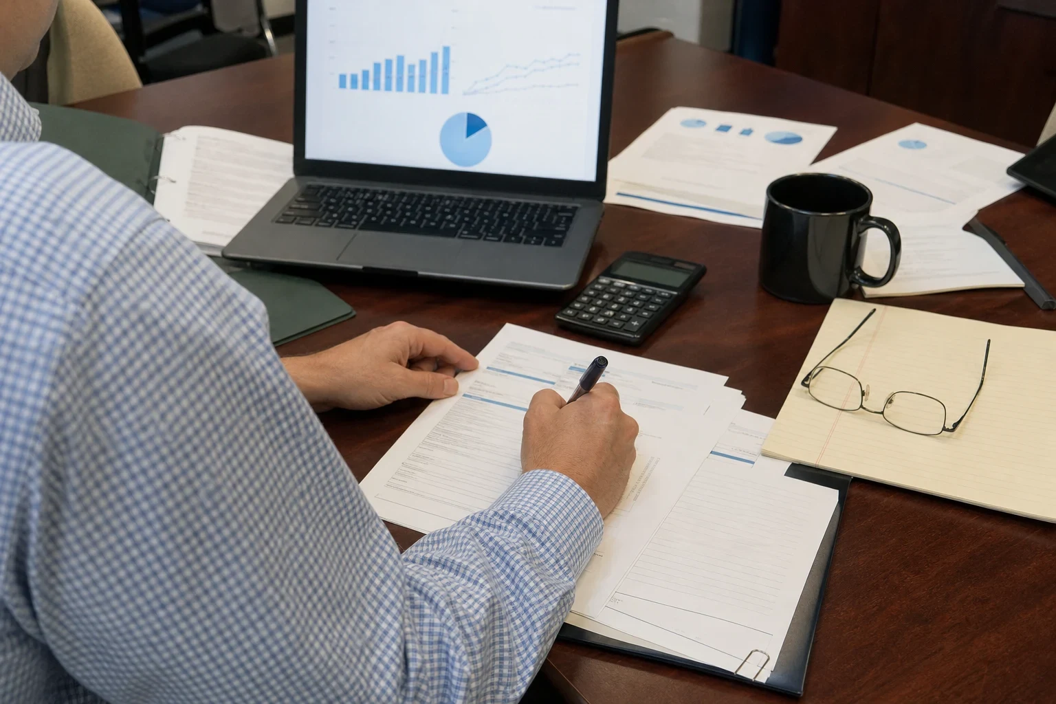 Over-the-shoulder view of a man in a checked shirt filling out forms at a wooden office table with a laptop showing charts, a calculator, a coffee mug and reading glasses