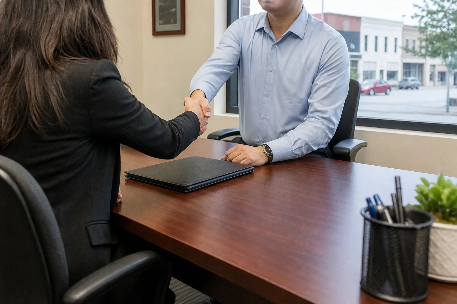 A man in a light blue shirt shakes hands across a wooden desk with a woman in a black blazer, a closed black folder between them and a street view through the window