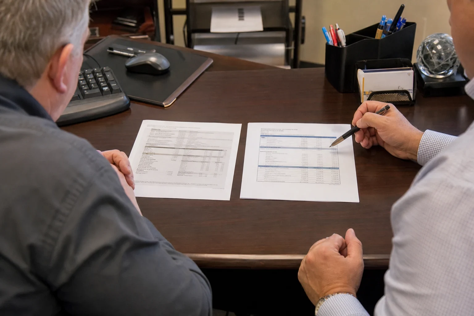 Two men at a dark wood office desk reviewing two printed financial documents laid side by side, one pointing with a pen near a keyboard and pen holder.