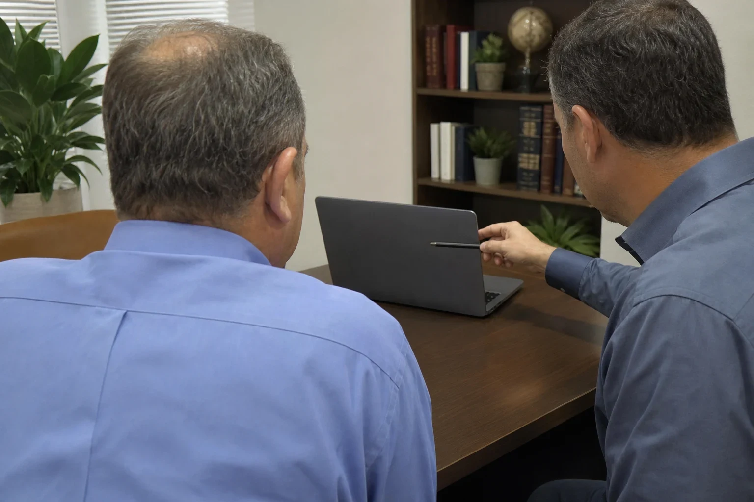 Insurance agent in a blue shirt points with a pen toward a laptop while a client sits beside him at a wooden desk, with a bookshelf and plants behind them